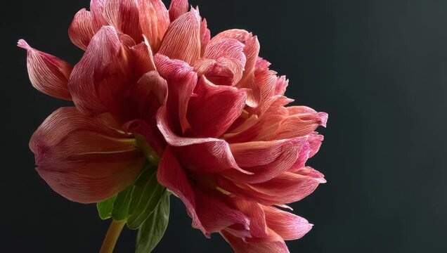 Pink dahlia flower opening in a dark botanical macro portrait