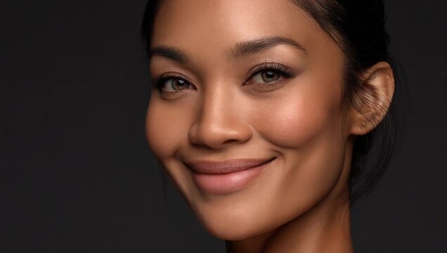 Confident Asian woman slowly smiling in a studio portrait