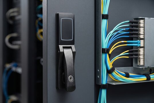 Server rack lock with electronic card reader and organized fiber optic cables in a modern data center.