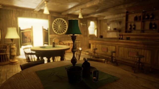 Quiet bar counter lined with bottles and glass, long wooden shelf behind holds jars and decanters, soft twilight glow reflects on aged timber creating
