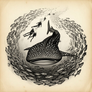 tibur&oacute;n ballena, buceadores, peces, cardumen, oc&eacute;ano, vida marina, fauna marina, exploraci&oacute;n submarina, buceo, conservaci&oacute;n marina, ecosistema marino, ilustraci&oacute;n vintage, dibujo a tinta, grabado, bla