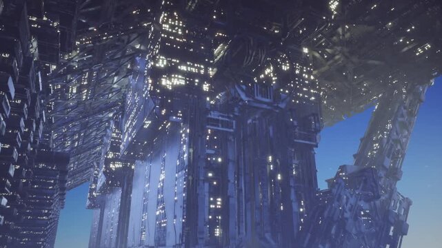 Glowing energy nexus at building core, conduits and coils pulse with power while monitoring sensors regulate current and cooling arrays hum