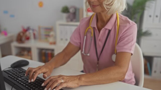 Woman typing at a keyboard with hands on keys and stethoscope visible in a pediatric clinic; compassionate care.
