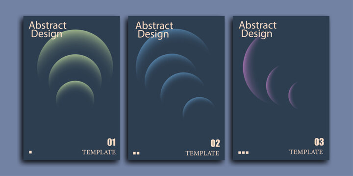 Abstract design posters set with soft luminous circular rings on dark blue background art.