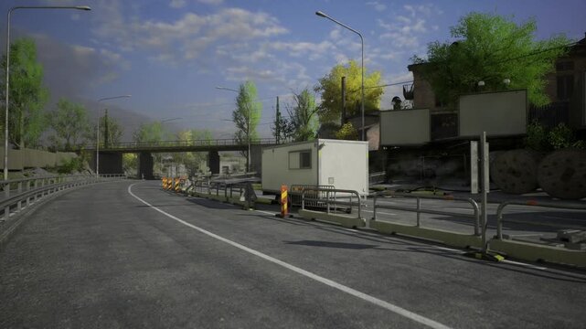 Staged road repair area with cones, barriers and portable equipment lined along lane, nearby overpass and leafy trees, organized daytime maintenance mood