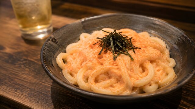 creamy mentaiko udon noodles topped with shredded nori in a japanese style