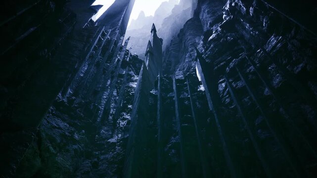 Towering gothic spires framing pale light ancient rock columns form cathedrallike shaft, damp stone, deep shadows, dramatic vertical perspective, atmosphere