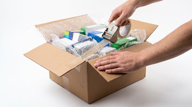 Hands sealing a cardboard box filled with items and bubble wrap using a tape dispenser on a white background