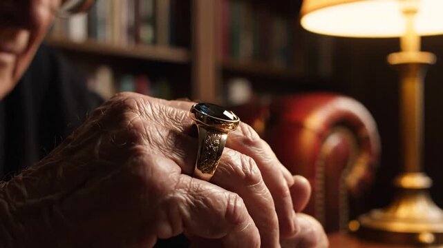 Elderly Man Wearing Vintage Signet Ring Sitting in Warmly Lit Library Study Room for Heritage Concept