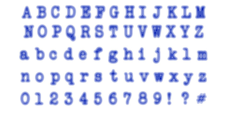 Posterized style blue watercolor typewriter alphabet and numbers on a transparent background, perfect for creative design needs. 