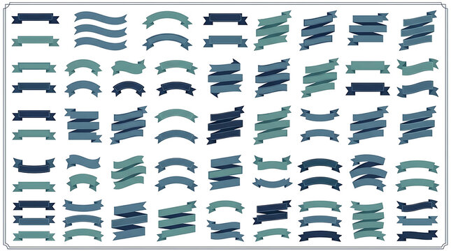 Set of blue ribbon banners and decorative scroll elements for graphic design projects.