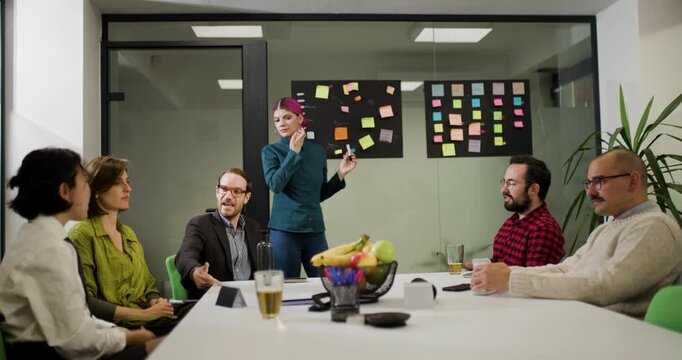 Team members discuss project ideas in office meeting room with notes on wall and display of engagement, involving men and women actively contributing thoughts and feedback