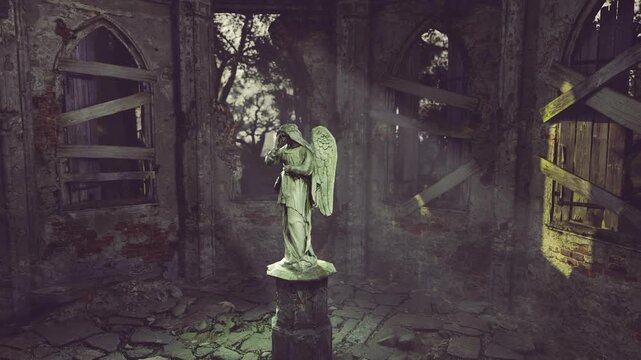In a dimly lit, crumbling room, an angel statue rests on a pedestal, surrounded by broken windows and fallen stone. Rays of light emphasize the captivating figure in a forgotten space.