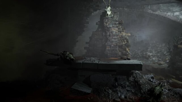 In a dimly lit underground space, crumbling stone walls create an eerie atmosphere. Remains scatter across the floor, hinting at untold stories and long forgotten memories in this haunting setting.
