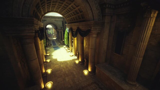 sunlit vaulted corridor with greenery, shafts of warm light, scattered pottery fragments, echoing footsteps, sense of discovery for historian or conservationist