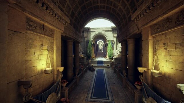 curator archive corridor with display cases and rolled scrolls, ambient light through patterned grilles, stone reliefs and tapestrylined walls suggesting