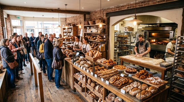 Customers queue inside a busy artisan bakery filled with fresh bread and pastries on display