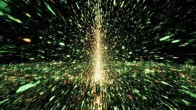 Abstract Background Featuring Glowing Green Particles Exploding From a Central Golden Light Source Representing Data Flow