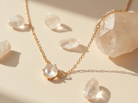 Elegant jewelry necklace with gemstones and pearls arranged on a soft, illuminated surface showcasing luxury accessories
