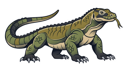 Fototapeta premium Komodo dragon lizard illustration featuring textured green scales standing isolated white background cartoon graphic art style