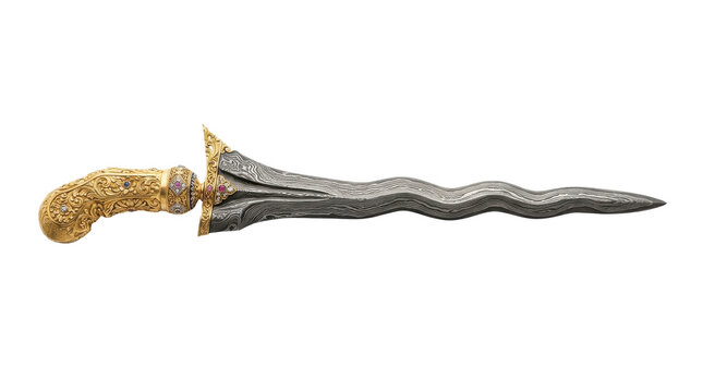 Ornate antique wavy blade kris dagger with golden hilt, studio shot, dark tones, historical artifact for sale