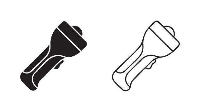 flashlights icon set, two views of a portable light source featuring flashlight, torch