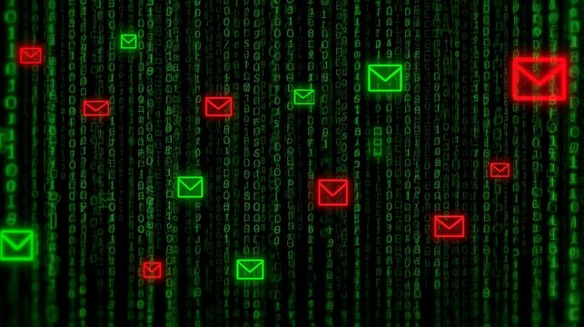 Neon code matrix with letter icons. Red and green envelopes on the symbol stream. The concept of spam, phishing, and cybersecurity filtering.