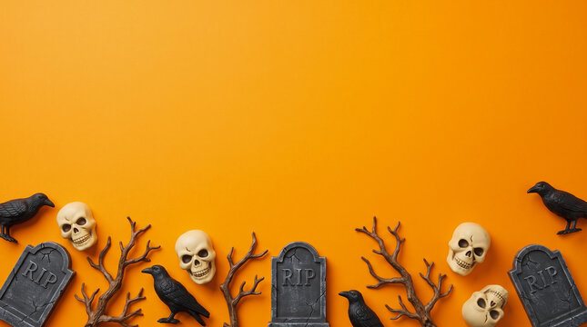 Halloween tombstones, skulls, black crows and bare branches arranged along the bottom border on an orange background, creating a spooky cemetery frame with copy space
