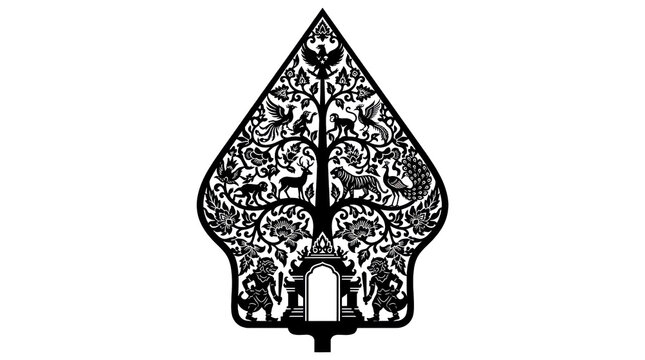 Intricate javanese wayang kulit shadow puppet silhouette featuring flora and fauna, a detailed artistic cutout for cultural performance storytelling