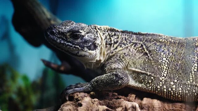 Reptile exhibit showcasing basking monitor against colorful backdrop