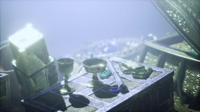 Moonlit treasure table with goblets, scattered coins, ornate boxes and chalices aged silver and gold resting on velvet, subtle dust motes drifting
