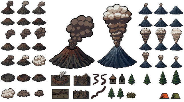 Pixel art volcano sprites featuring erupting craters billowing smoke clouds set against flat white background