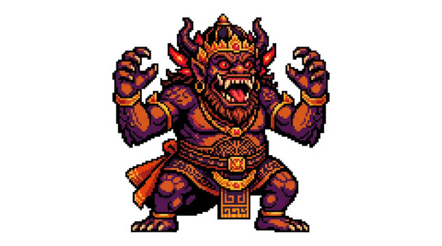 Fierce mythical demon figure with sharp claws and glowing red eyes, pixel art illustration, vibrant orange and purple tones, isolated on white background.