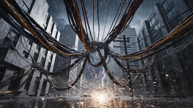 Tangle of Overhead Electric Cables and Power Wires Suspended over a Dark Rainy City Street during a Severe Storm
