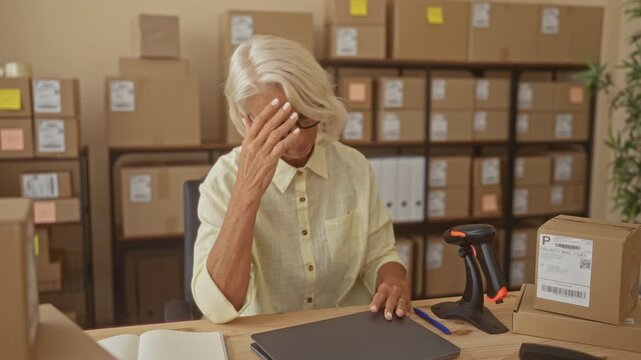 Woman clutching head with hand over laptop at packing table with boxes and scanner in a building; stress fatigue.