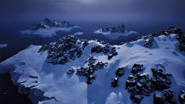 drone mapping over frozen archipelago, clustered rock islets and narrow channels, highresolution aerial mosaic potential, cool cinematic tones.