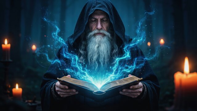 Mystical wizard reading ancient glowing book with magical energy