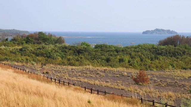 Sakurajima Volcano Island landscape, Japan, Kagoshima prefecture, Kyushu island region, island volcano and bay, Yunohira Observation Deck, ferry trip from Kagoshima, Kirishima-Kinkowan National Park 