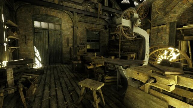 sunlit industrial repair shop with heavy lathe and gear assemblies, metal shavings on floor, tools hung on walls, workbench cluttered with bolts and wrenches,