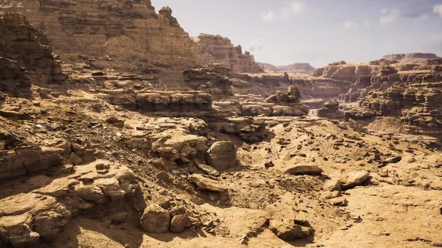 Textured pockmarked sandstone surface under sun, close foreground study of grain and porosity, warm ochre palette, tactile patterns, ideal for background,