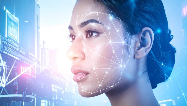 Close-up diverse human face with transparent neural network overlay, AI innovation concept, cinematic lighting, photorealistic, 8K.
