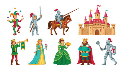 Fototapeta premium Medieval kingdom vector set with cartoon royal family castle knights princess king queen jester and herald characters