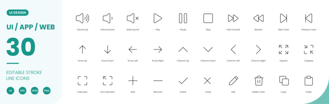 ui app web interface icon line style navigation controls editable stroke vector set