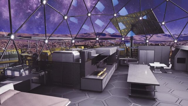 long communal table under dome starscape, shared seating, trays and utensils, warm ambient lighting, social dining atmosphere for crew gatherings
