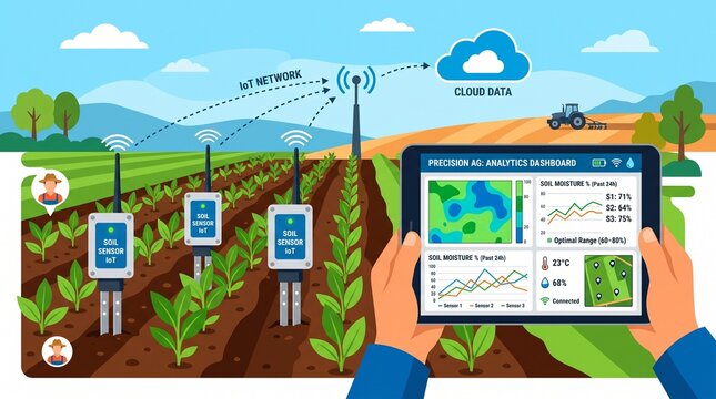 Flat vector illustration of smart soil moisture IoT sensors in agricultural field connected to tablet analytics dashboard