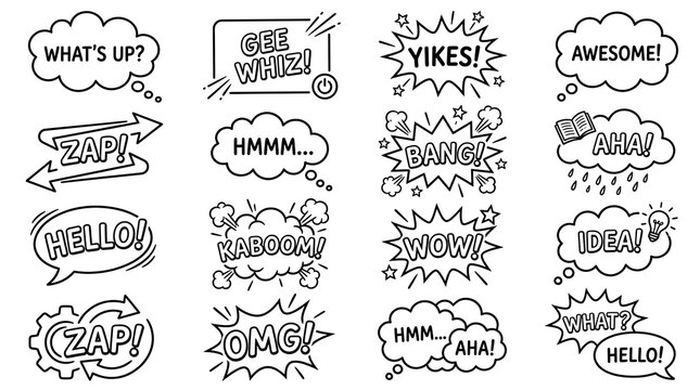Set of hand drawn comic speech bubbles with expressions and sound effects for design