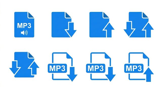 Blue MP3 audio file icons with upload and download symbols