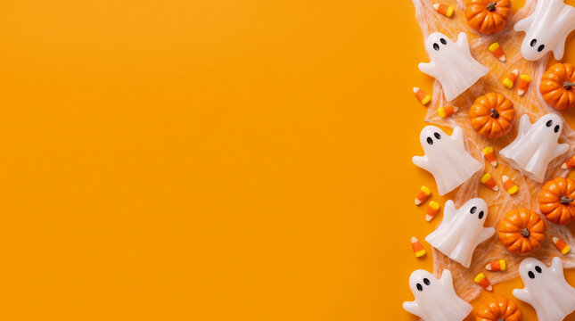 Halloween pumpkins, white ghosts and candy corn arranged along the right border on an orange background, creating a playful spooky frame with clean copy space for designs