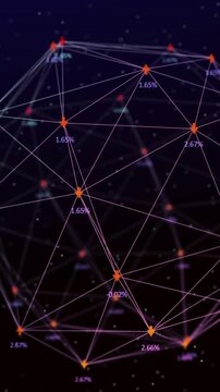 Animation of globe of digital network of connections with icons over pink 3d cityscape model