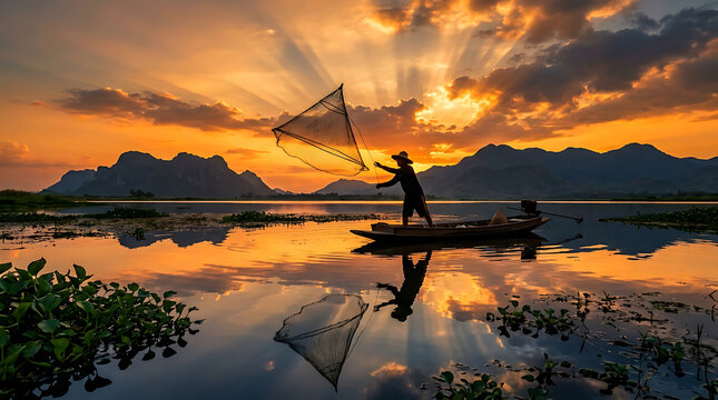 Thai fisherman casting a net on a lake at sunset with dramatic golden hour mountain light.